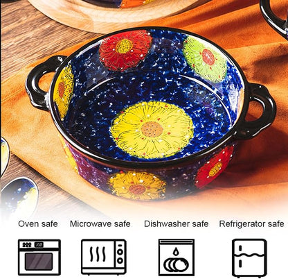 Baking Dishes For Oven, 1 Quart Round Casserole Dishes For Oven-blue and flowers-round 950ml