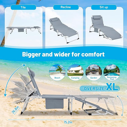 Outdoor Chaise Lounge with Detachable Pillow, Reclining Folding Chair with 5-Position Adjustable Back, Portable Tanning Chair For Beach, Pool, Lawn, Breathable Mesh Seat, No Assembly (Grey 2)