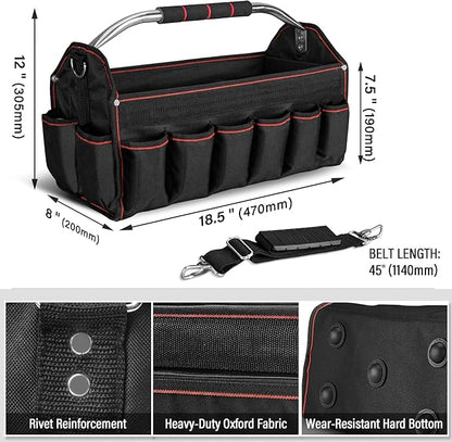 HAUTMEC 18" Foldable Tool Tote, Open Top Tool Bag with Removable Divider & Stiff Frame, 23-Pockets Electrician Tool Bag with Padded Steel Handle, Shoulder Strap & Water-Resistant Hard Base – HT0020