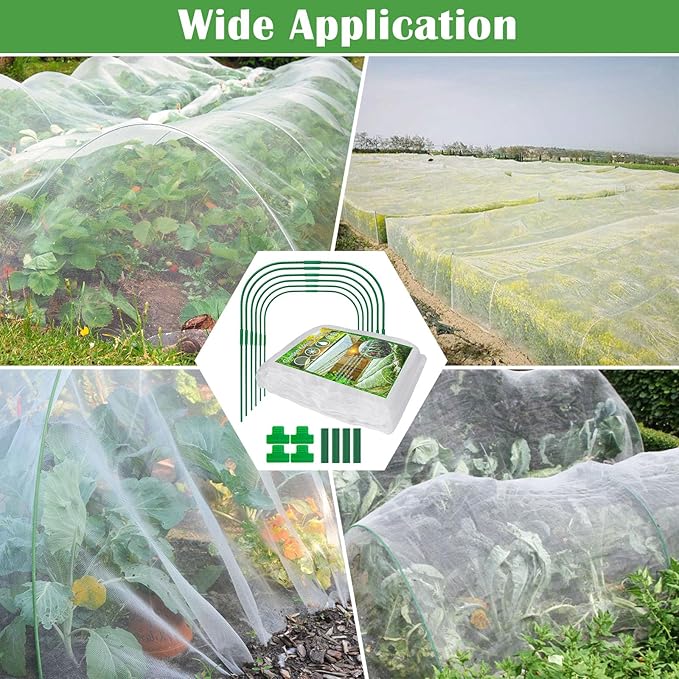 Unves 67 Pcs Garden Netting Kit, 10x25 Ft Ultra Mosquito Bird Netting with 6 Hoops & 12 Clips, Fruit Tree Netting for Patio Raised Beds Vegetable Flowers Protection Barrier Plant Covers Net