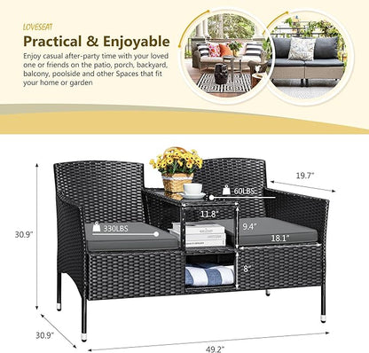 Devoko Outdoor Patio Loveseat Modern Rattan 2-Seat Patio Conversation Set with Cushions & Built-in Coffee Table Porch Furniture for Garden Lawn Backyard (Grey)