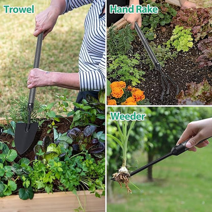 Garden Tool Set, 5-Piece Heavy Duty Gardening Tools Kit with Extendable Handle, Metal Trowel, Cultivator, Weeder, Pruner, Back-Saving Grips for Yard Raised Bed, Rust-Proof, Gift for Women, Men, Kids