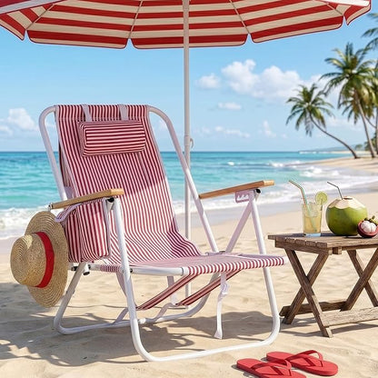 Outvita Folding Beach Chair, 4 Position Adjustable Reclining Lounge Chair with Padded Headrest, Large Rear & Side Storage Pockets, Lightweight Portable Outdoor Chair for Beach Pool Garden BBQ