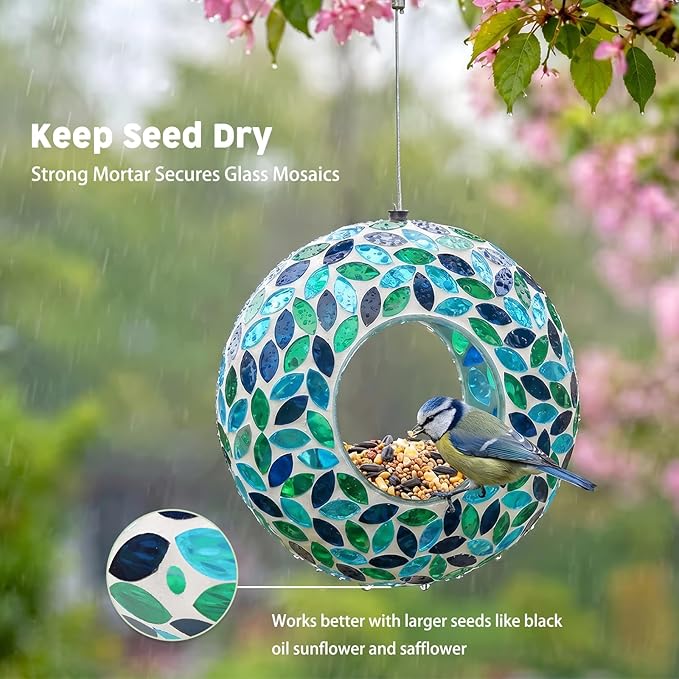 VCUTEKA Bird Feeder Mosaic Fly Through Bird Feeders for Outside Hanging with Round Shape Glass Container to Attract More Wild Birds for Garden, Yard, Backyard, Deck and Porch Decor, Green 10-Inch