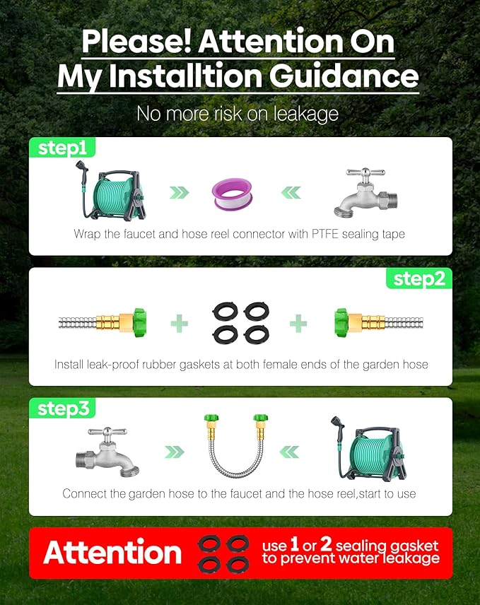 Short Metal Garden Hose 10ft with Female to Female Connector， Stainless Steel Small Leader Hose for Hose Reel, Long, Flexible, Lightweight & Heavy Duty Water Pipe, Outdoor Water Hose Extension Adapter