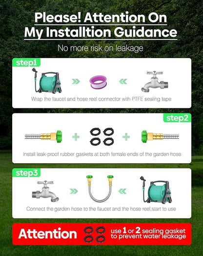 Short Metal Garden Hose 10ft with Female to Female Connector， Stainless Steel Small Leader Hose for Hose Reel, Long, Flexible, Lightweight & Heavy Duty Water Pipe, Outdoor Water Hose Extension Adapter