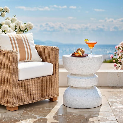 18" Outdoor Side Table, Modern Hourglass Garden Stool in Painted Faux Terrazzo-Look, Patio Coffee Accent Table Decorative, Durable Weatherproof MGO & Easy Assembly Round Table for Room Porch