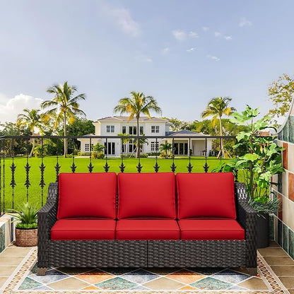77'' Patio Sofa, All Weather Outdoor Rattan Wicker 3-Seat Sofa High Back Couch with Premium Cushions for Garden Backyard Porch(Brown/Red)