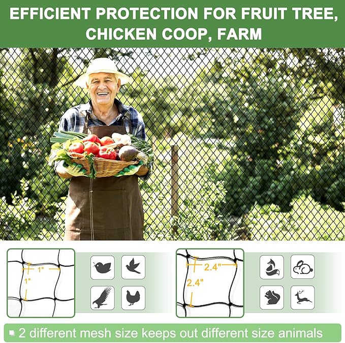 DQS Bird Netting for Garden Protection - 25x100ft Heavy Duty Poultry Netting, 2.4' Mesh, Ideal for Chicken Coops, Fruit Trees, Vegetables & More
