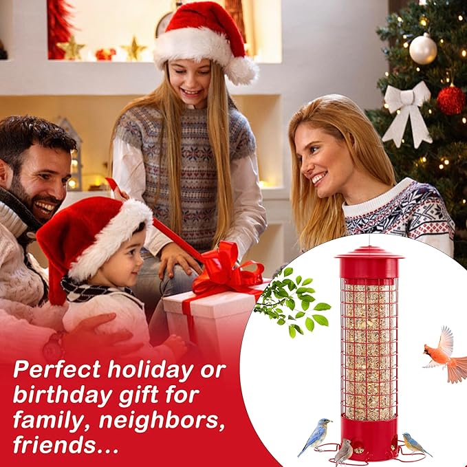 Squirrel Proof Bird Feeders, Metal Wild Bird Feeder for Outdoors Hanging, Weight Activated Squirrel Buster for Chickadees, Goldfinches, Cardinals, Chew-Proof, 4.4LB Large Capacity, Red