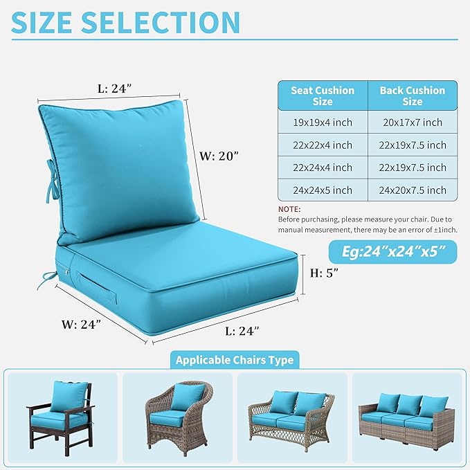 Premium Outdoor Seat Cushion Chair Cushions for Patio Furniture 24 L X 24 W X 5 H Waterproof & Fade Resistant Deep Seat and Backrest Cushion Set with Removable Covers for Chair, Sofa