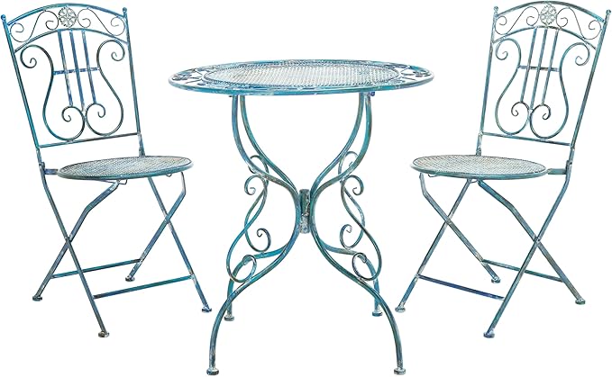 SAFAVIEH PAT5028C Outdoor Collection Semly Antique Blue 3-Piece Bistro Set
