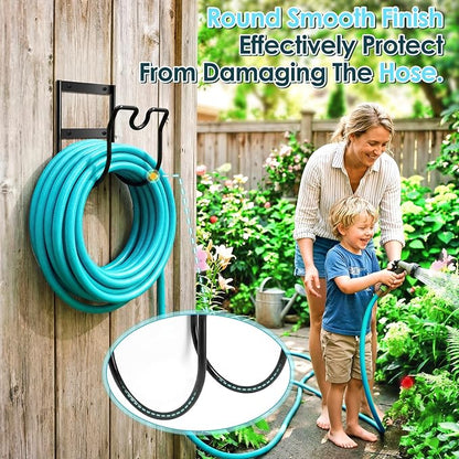 Hose Hanger Wall Mount, Metal Garden Hose Holder with Nozzle Groove for Outside Inside Water Hoses Extension Cords Air Lines, Black, 2 Pcs