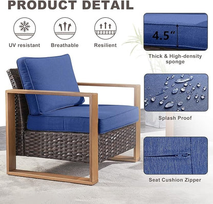 Rilyson Wicker Outdoor Patio Chairs Set of 2, Rattan Patio Furniture Chairs with Sturdy Frame,All-Weather PE Wicker,Wide Armrest,Deep Seating and Thick Cushions for Deck Porch Garden(Brown/Blue)