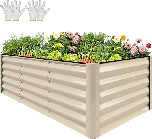 YITAHOME 8x4x3ft Large Raised Garden Bed Kit, Galvanized Metal Planter Box with Gloves, Support Rod & Safety Rubber, Outdoor Above Ground Planters for Plants Vegetables Flowers, Cream Yellow