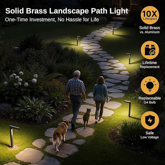 Gardenreet Brass Hardwired Landscape Path Lights, 12V Low Voltage Pathway Light IP65 Waterproof, Outdoor Walkway Lighting Wired, LED Bronze for Patio Lawn with 3W 3000K Soft White G4 Bulb (4 Pack)