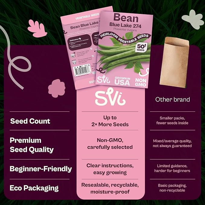 SVI 50 Blue Lake 274 Bush Green Bean Seeds (Phaseolus vulgaris) – Bush Beans Seed Packets, String Beans – Heirloom Vegetable Seeds for Outdoors, Home Garden & Containers