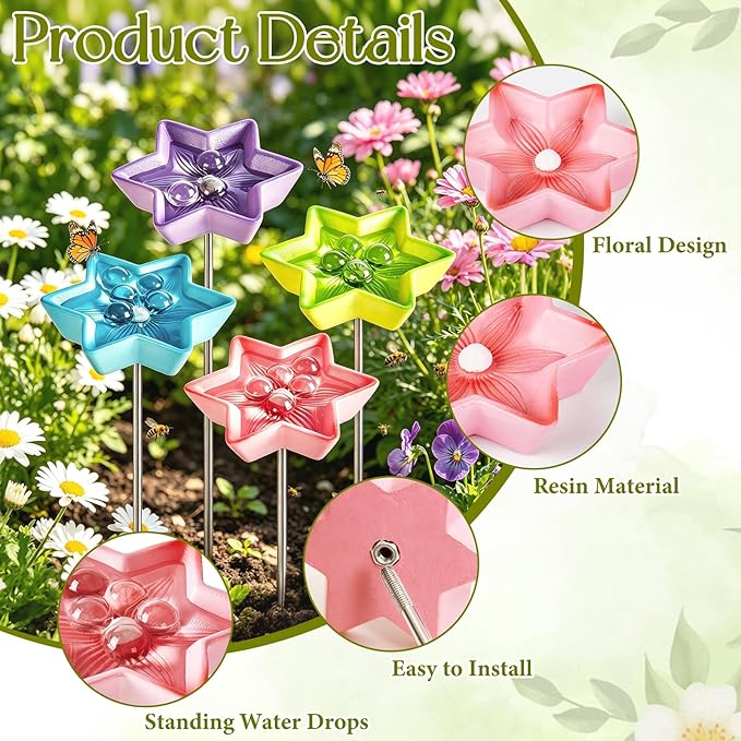 4 Pack Bee Watering Station, Resin Bee Feeder, Flower Design Butterfly Bath Bowl Drinking Cups for Pollinators Small Bird Outdoor Garden Yard Patio