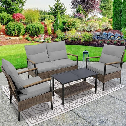 EAGLE PEAK 4 Piece Mojave Dusk Outdoor Conversation Set, Patio Wicker Furniture, Loveseat, 2 Patio Chairs and Coffee Table, Brown/Gray