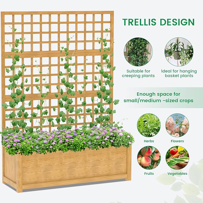 DoCred Raised Garden Bed with Trellis, Freestanding Wood Planter Box with Trellis, Above Ground Elevated Garden Bed Outdoor Planter for Climbing Plants Vines Patio Decor