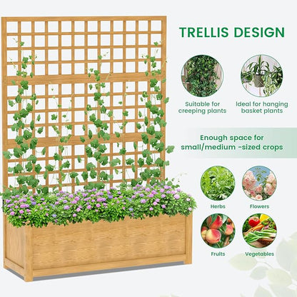 DoCred Raised Garden Bed with Trellis, Freestanding Wood Planter Box with Trellis, Above Ground Elevated Garden Bed Outdoor Planter for Climbing Plants Vines Patio Decor