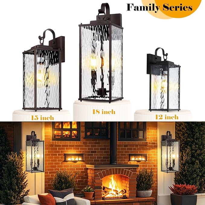 18” Large Oil Rubbed Bronze Outdoor Lighting 1 Pack, 2-Light Bulb Water Ripple Glass Exterior Light Fixture Brown Wall Sconce Outside Light for House IP65 Waterproof Front Porch Lantern, E12