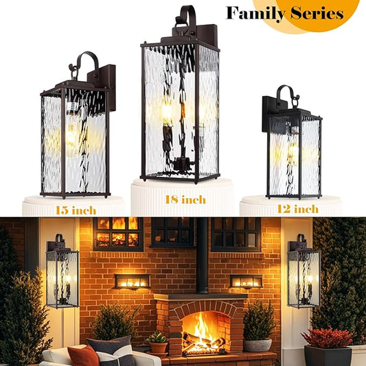 Oil Rubbed Bronze Outdoor Light Fixtures Water Ripple Glass 15” 2 Pack, Vintage Brown Exterior Lights for House IP65 Waterproof Outside Wall Sconce Lighting Coach Lights Patio Wall Lanterns