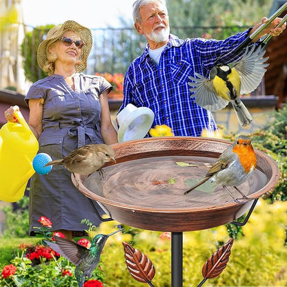 37.8In Metal Bird Bath for Outside, Vintage Birdbaths Removable Feeder Bowl with 5 Prongs Base Stake, Easy to Clean Birdfeeder for Outdoors Garden Yard Lawn Decor(Vintage Brown, Leaf)