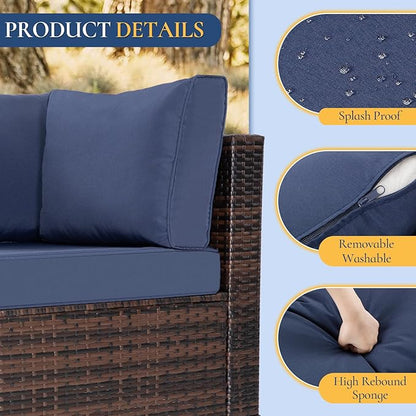 FHFO 8 Piece Patio Furniture Set with 28" Fire Pit Table, Wicker Outdoor Conversation Set Sectional Sofa with Thick Cushions & Coffee Table for Backyard, Poolside, Garden, Brown-Blue