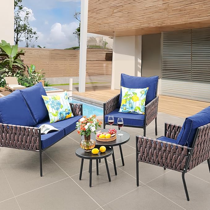 Patio Furniture Set, 5-Piece Wider Outdoor Metal Seating Sofa with High Back & Lovsest, Coffee Ta ble, All Weather Rattan Conversation for Garden,Backyard, Poolside-Navy