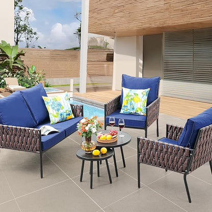 Patio Furniture Set, 5-Piece Wider Outdoor Metal Seating Sofa with High Back & Lovsest, Coffee Ta ble, All Weather Rattan Conversation for Garden,Backyard, Poolside-Navy