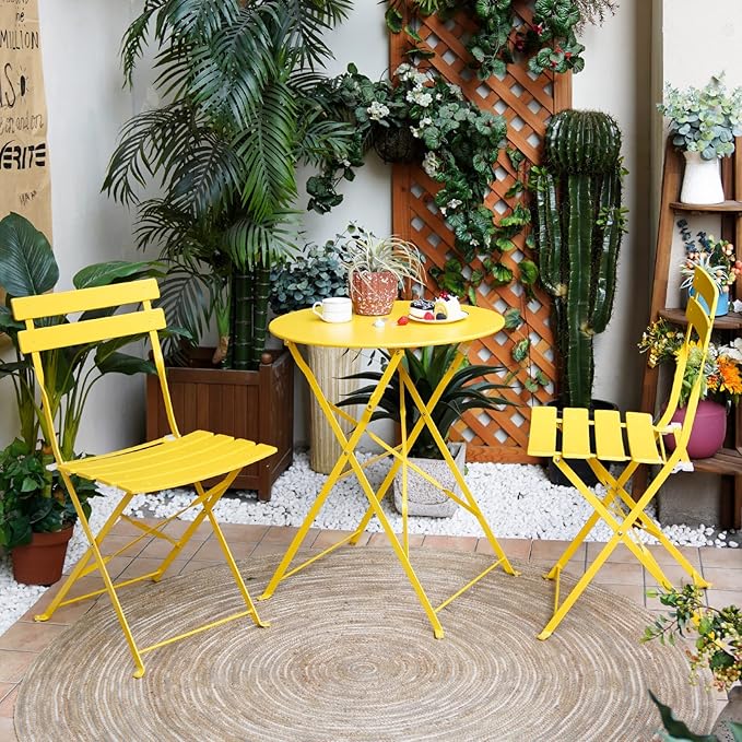 Grand patio 3-Piece Folding Bistro Set, 2 Chairs and 1 Table, Weather-Resistant Outdoor/Indoor Conversation Set for Patio, Yard, Garden-Yellow