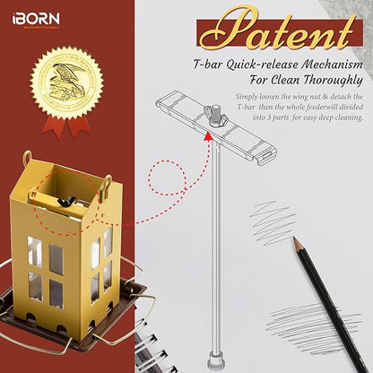 iBorn Bird Feeder House, Metal Bird Feeders for Outdoors Hanging,Double-Sided Metal Hanger & Weatherproof, Easy to Clean & Refill, 2.2 Lbs Capacity, Muted Yellow
