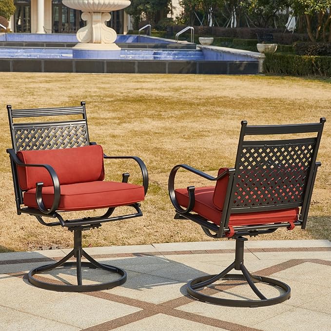 MELLCOM Patio Swivel Chair Set of 4, Heavy Duty Outdoor Dining Chairs with Cushions and Lumbar Pillows, Metal Patio Chairs Gentle Rocker for Outside, Garden Lawn & Porch, Backyard, Red