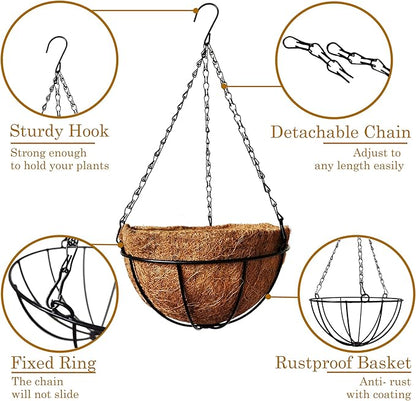 4 Pack 10 inch Metal Hanging Planters Basket with Coco Coir Liner Outdoor-Hanging Baskets for Plants Outdoor,Metal Wire Baskets with Window Box Planters, Hanging Flower Pots for Railings