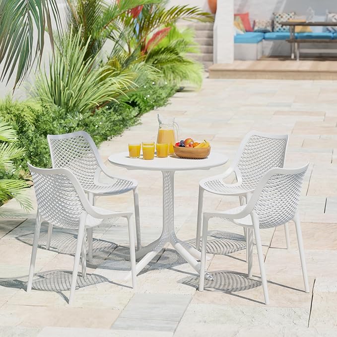 Costaelm Dining Table for 4 with Chair, HDPE Patio Round Dining Table and Stackable Chair, Outdoor Patio Furniture All Weather for Backyard Porch Poolside, White
