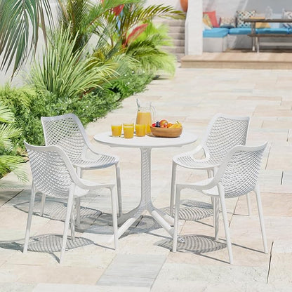 Costaelm Dining Table for 4 with Chair, HDPE Patio Round Dining Table and Stackable Chair, Outdoor Patio Furniture All Weather for Backyard Porch Poolside, White