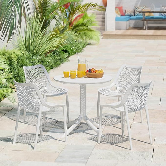 Costaelm Dining Table for 4 with Chair, HDPE Patio Round Dining Table and Stackable Chair, Outdoor Patio Furniture All Weather for Backyard Porch Poolside, White