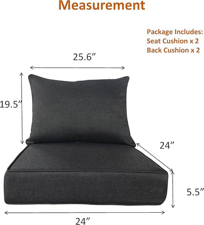 Outdoor Patio Furniture Replacement Cushions,25X25X5 Inch Deep Seat Chair Seat Back Cushion Set,All Weather Breathable Sectional Cushions for Patio Furniture Couch Loveseat,Black 2PCS