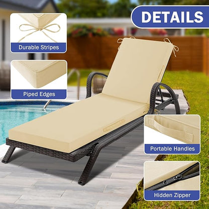Chaise Lounge Cushions Outdoor, Waterproof Lounge Chair Cushion, 80x 26x 3 Inch Outdoor Chair Cushions with Ties, High-Density Foam Patio Lounge Chair Pads for Lawn, Pool & Beach, Beige