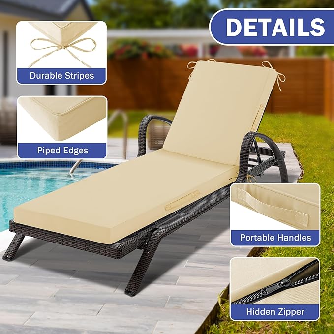 Chaise Lounge Cushions Outdoor, Waterproof Lounge Chair Cushion, 72x 21x 3 Inch Outdoor Chair Cushions with Ties, High-Density Foam Patio Lounge Chair Pads for Lawn, Pool & Beach, Beige