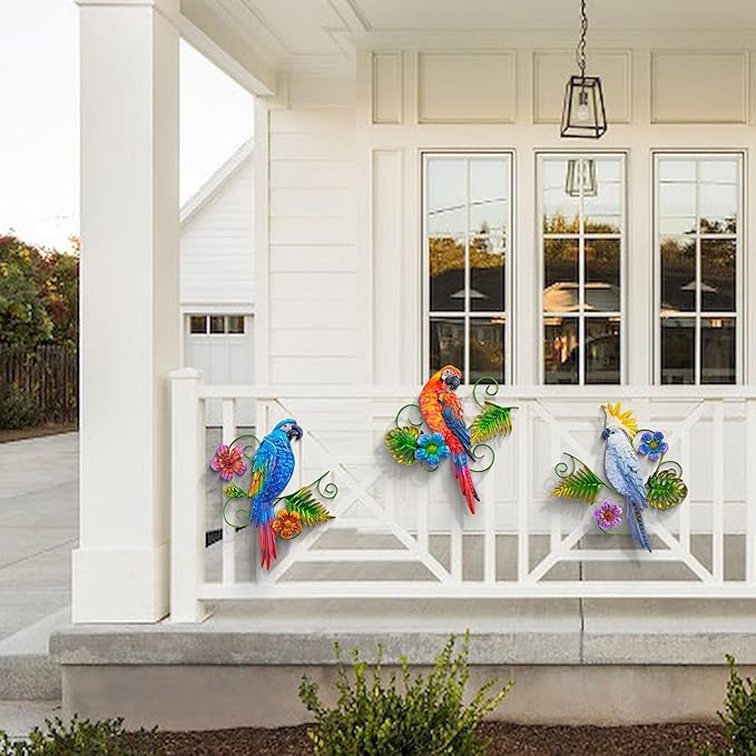 Metal Colorful Parrots Wall Art, 12 Inches Parrot Large Hanging Outside Decoration 3 Pack, Metal Bird Wall Christmas Decoration Gift, Decor Outdoor Decorations for Yard, Garden Ornaments Patio Outside Porch Christmas Decor