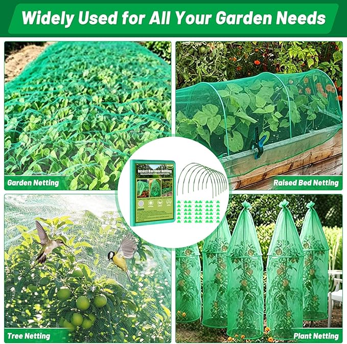 Cludoo Garden Mesh Netting Kit,7 Sets Wide Garden Hoops with 10x30 ft Garden Covers Bird Netting& 12 Clips, Garden Protection for Raised Beds Greenhouse Vegetable Plants Flowers Green