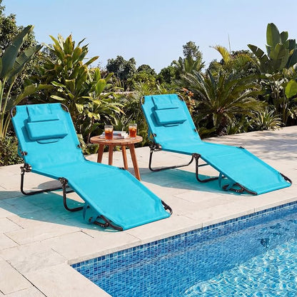 GYMAX Tanning Chair, Folding Lounge Chairs with Face Hole & Cover, Removable Pillow Carry Handle, Portable Compact Outdoor Layout Recliner for Beach, Poolside, Lawn, Patio, Camping (Turquoise,1)