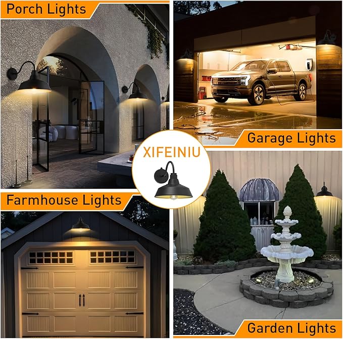 12.4" Dome Gooseneck Barn Light, Outdoor Anti-Rust&Waterproof Farmhouse Wall Sconce, Wall Lanterns for Porch/Patio, E26 Base 100W Max(Black 2-Pack Dusk to Dawn Outdoor Lighting)