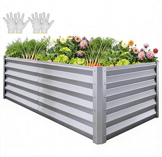 YITAHOME 6x3x3ft Large Raised Garden Bed Kit, Galvanized Metal Planter Box with Gloves, Support Rod, Outdoor Above Ground Planters for Plants Vegetables Flowers, Silver