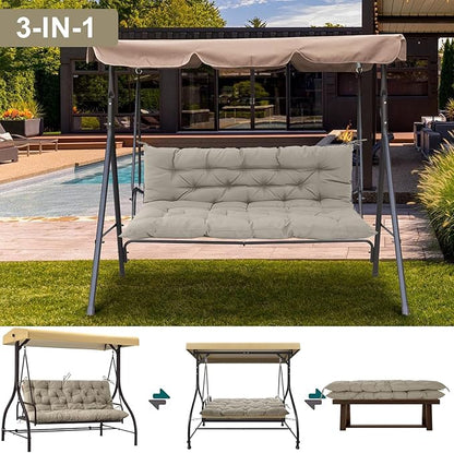 Outdoor Swing Cushions 3 Seater Waterproof, Replacement Bench Cushions for Outdoor Patio Furniture with Backrest, Porch Swing Cushion with Ties for Lawn and Garden (Khaki, 40x60in)