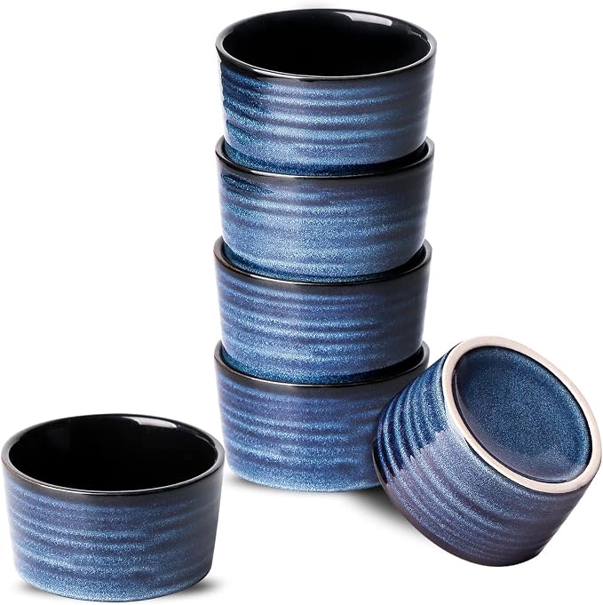 Hasense 4 oz Ramekins Oven Safe,Ceramic Creme Brulee Dish for Baking Set of 6,Porcelain Dipping Sauce Bowls for Pudding, Souffle,Serving Dip,Custard,Ice Cream(Blue)