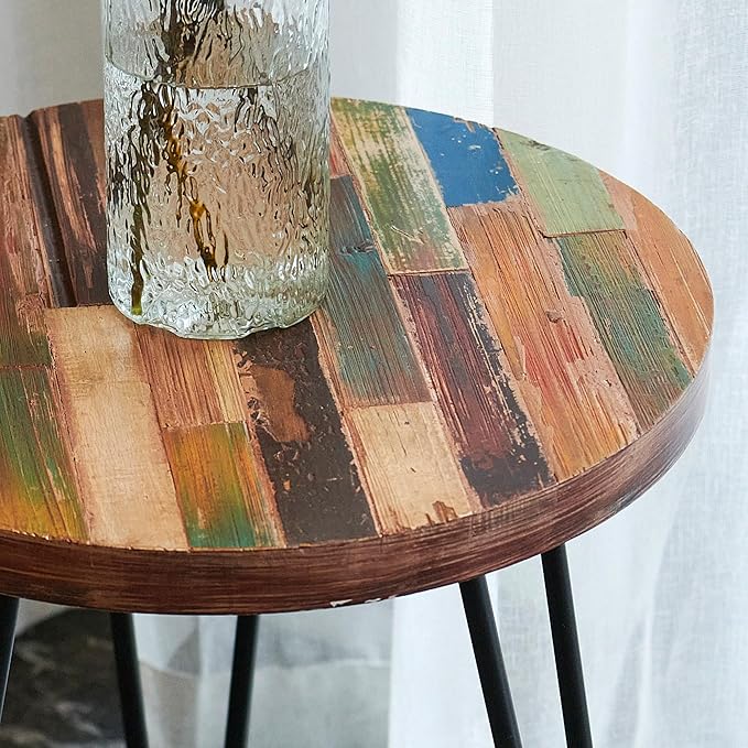 Multi Color Side Table 17.5" x 17.5" x 20" H Accent Reclaimed Wood Coffee Tables Vintage Round Rustic Plant Stand Outdoor Patio End Tables Living Room Bedroom