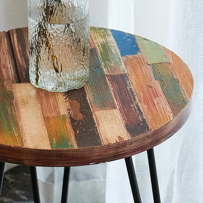 Multi Color Side Table 17.5" x 17.5" x 20" H Accent Reclaimed Wood Coffee Tables Vintage Round Rustic Plant Stand Outdoor Patio End Tables Living Room Bedroom